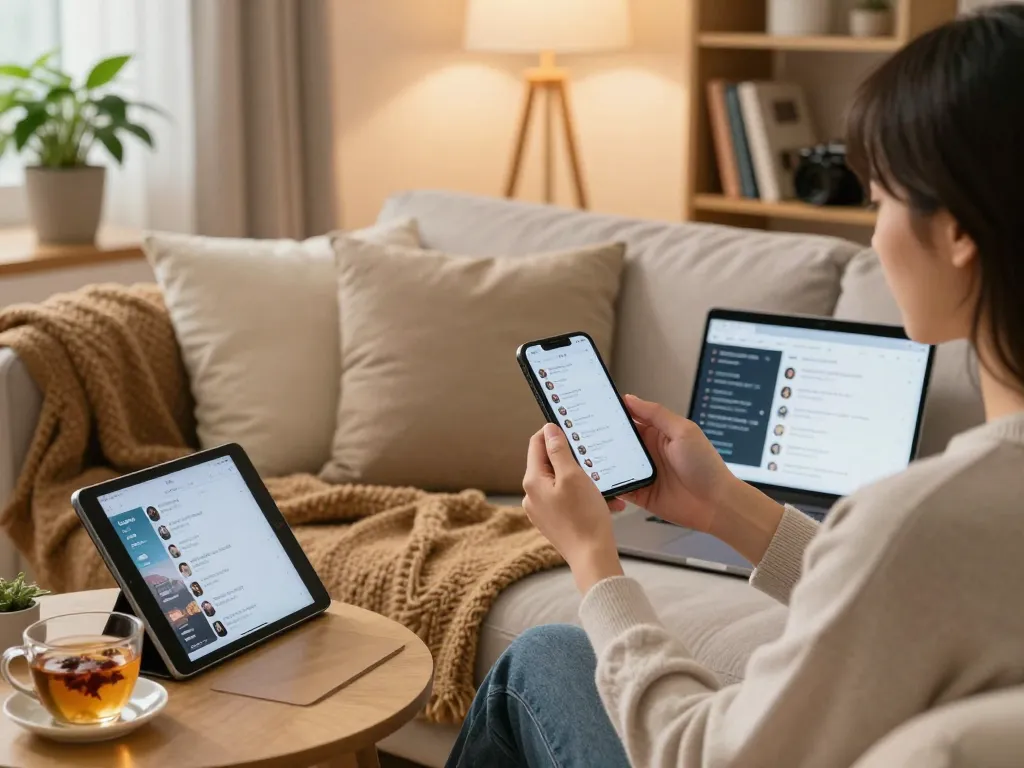Engaging in sex chat AI conversations on a cozy couch with technology.
