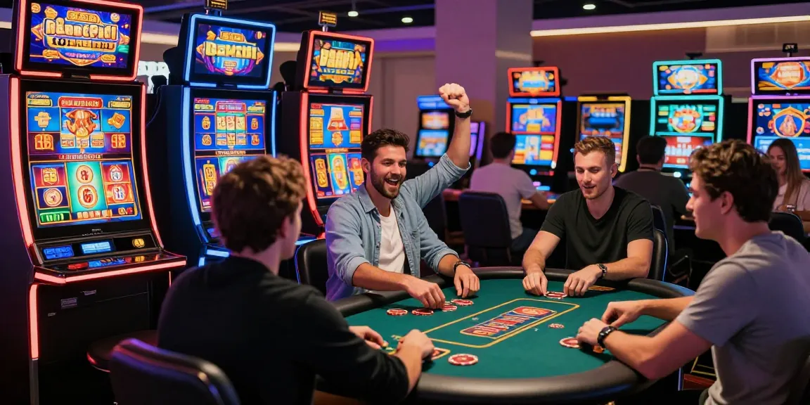 Players celebrating their wins on a slot deposit 5000 gaming platform, surrounded by vibrant casino lights and screens displaying exciting game options.