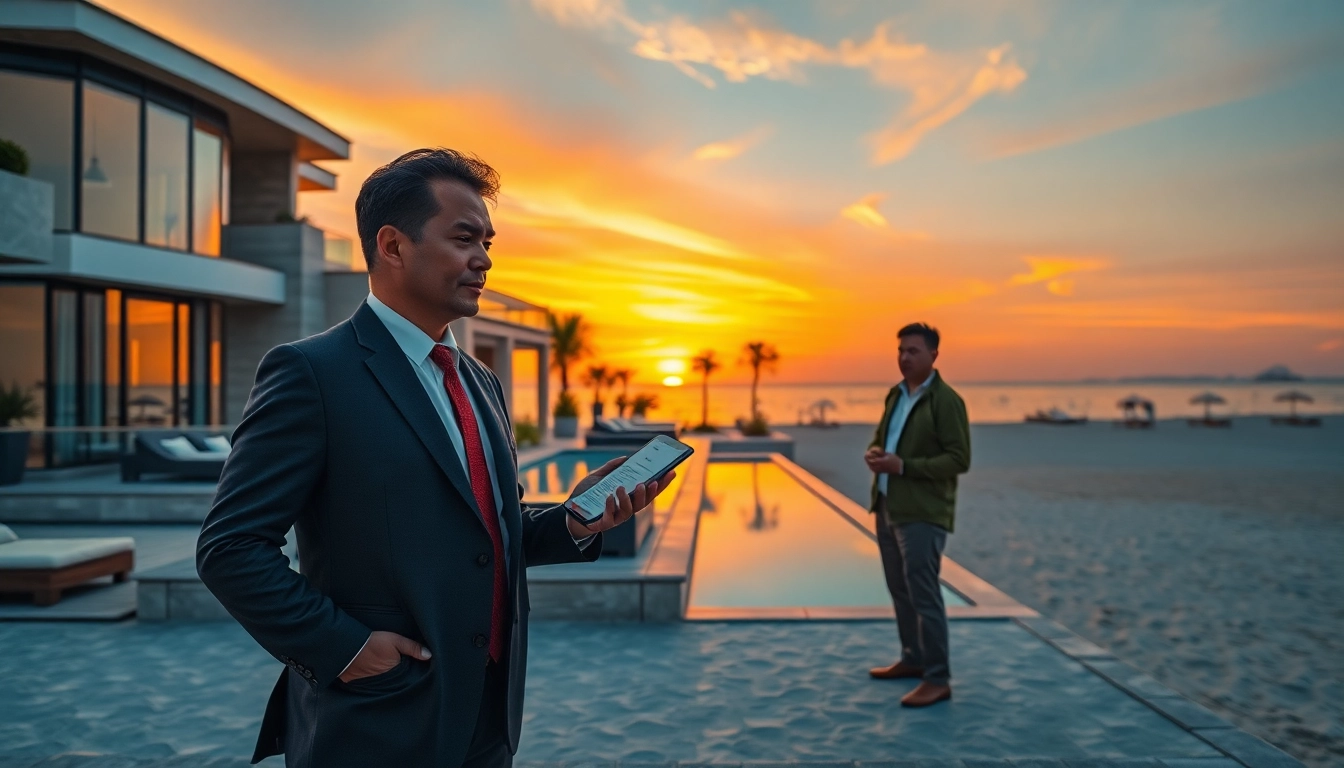 Showcase luxurious Pattaya property for rent with a warm sunset and a professional real estate agent.
