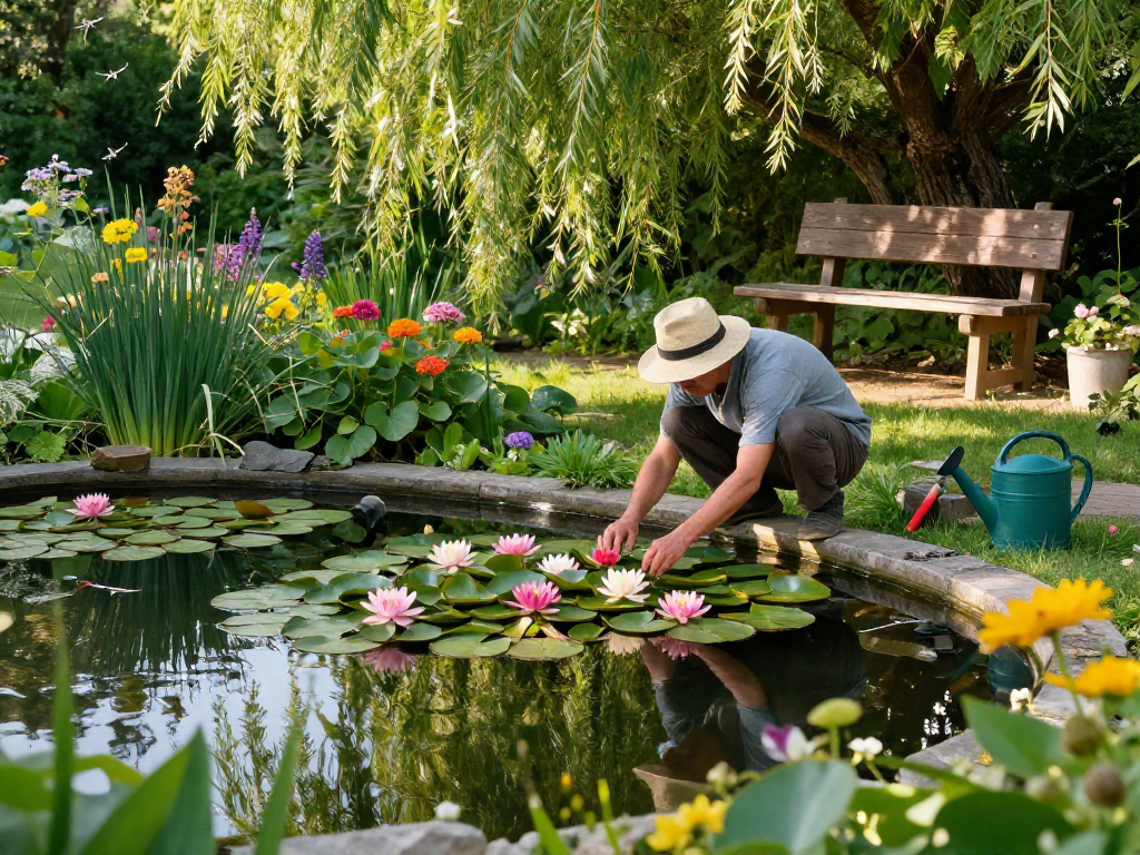 Buy Water Lilies blooming in a tranquil backyard pond, showcasing vibrant colors and lush greenery.