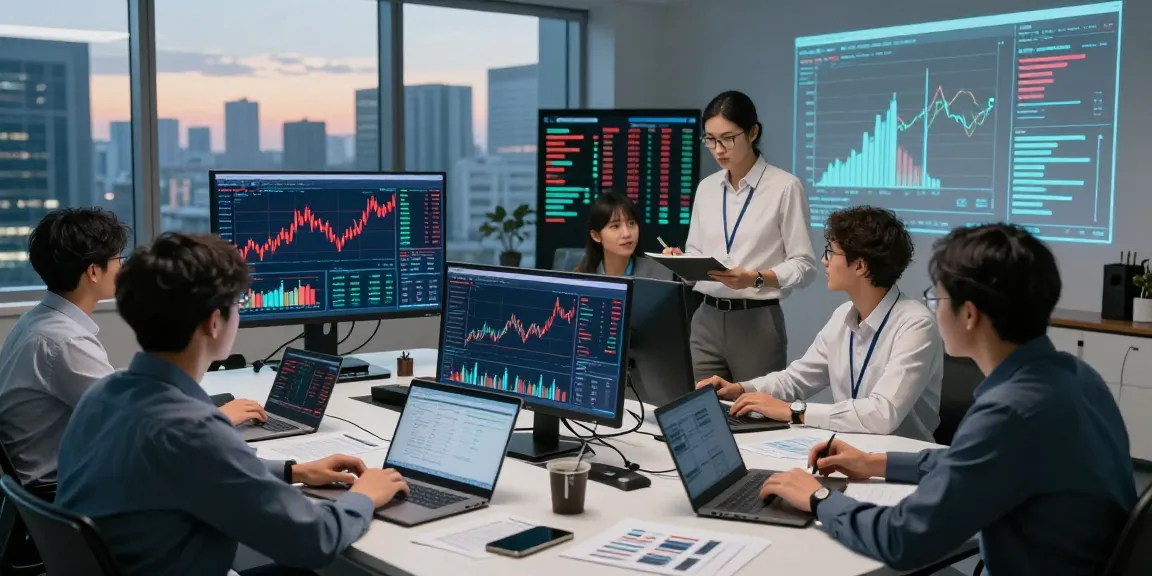 Financial crime intelligence team analyzing data insights in high-tech office environment.