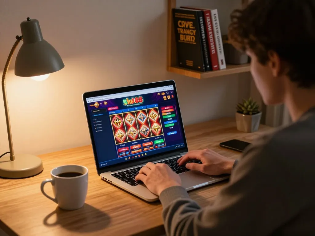 Engaging with slot88 game interface on a laptop in a cozy home gaming setup, promoting responsible gambling