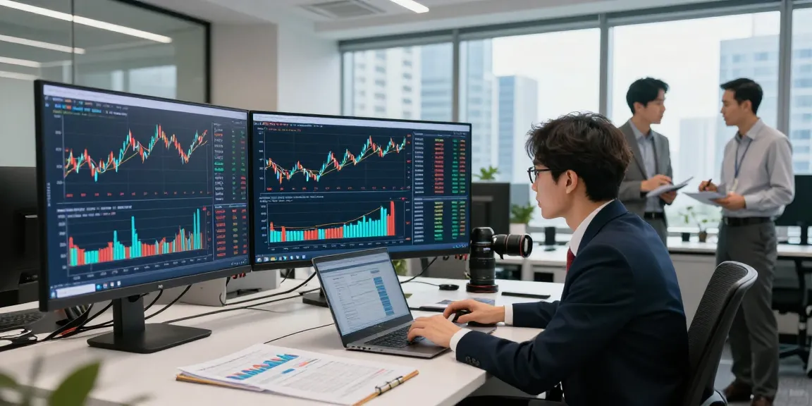KOSPI index analysis in a modern financial office setting with analysts reviewing data.