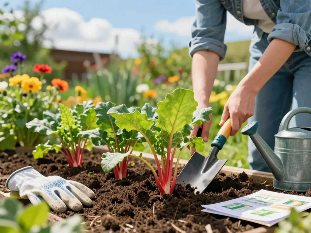 Planting rabarber planten kopen in a vibrant spring garden with gardening tools and rich soil.