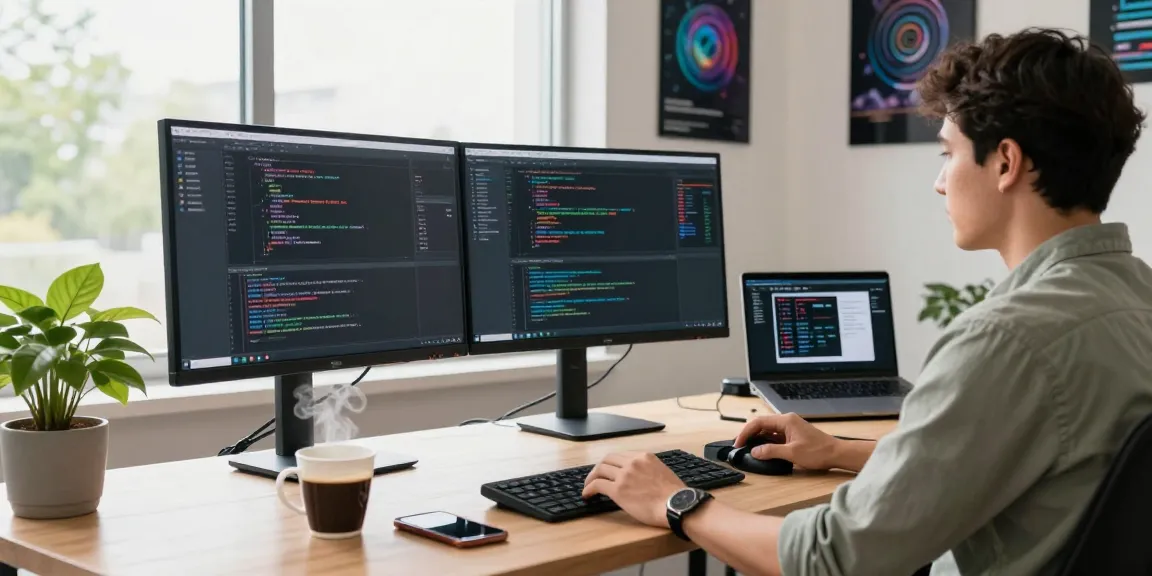 Enhance your messaging with 纸飞机下载 in a modern tech workspace, featuring coding tools and vibrant office design.