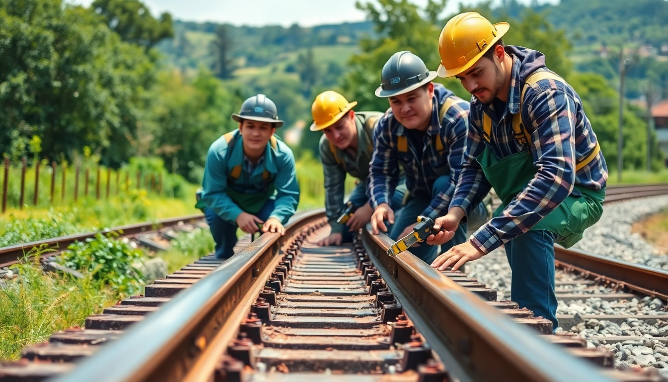 Expert railway maintenance team efficiently working on railway tracks.