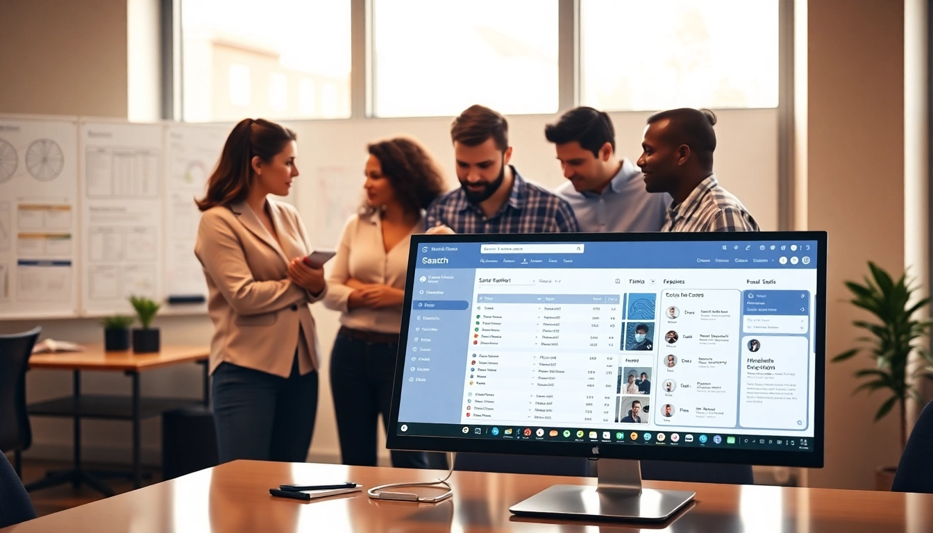 Showcase of enterprise search tools enhancing teamwork in a modern office.