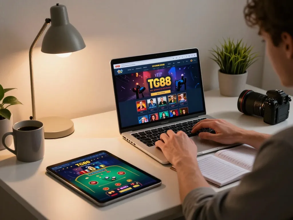 Player engaging with TG88's online casino platform on a stylish laptop, surrounded by notes on bankroll management and strategy