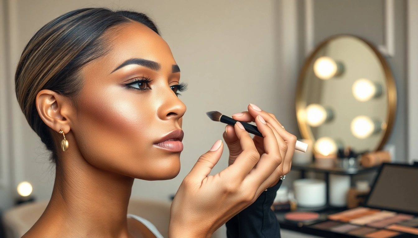 DC makeup artist skillfully enhancing a client's natural beauty in a stylish studio.