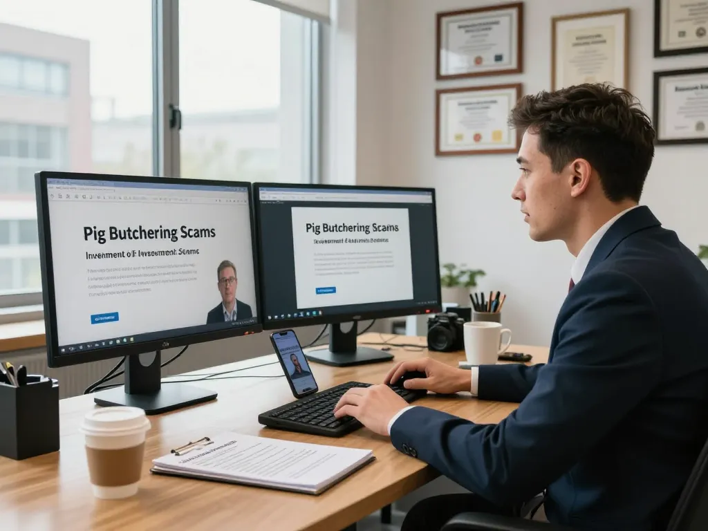 Engaging educational scene on Pig Butchering Scam awareness with a professional addressing an audience online.