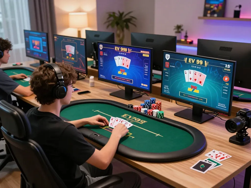 Engaged player participating in an EV 99 poker game on multiple screens, showcasing home gaming setup.