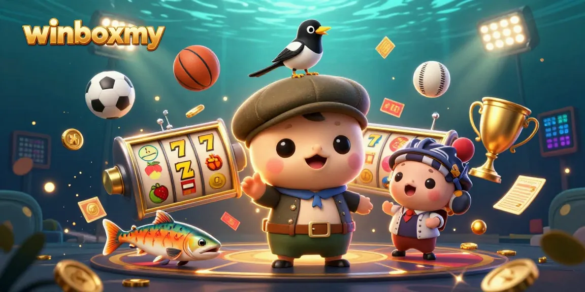 WinboxMY engages players with exciting slot reels and vibrant casino elements in this colorful illustration.