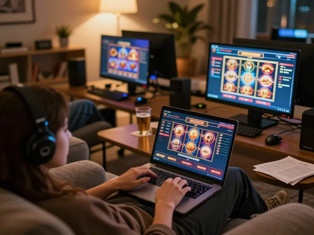 Player engaging in online casino with FAFA828 on laptop screen in cozy home setting