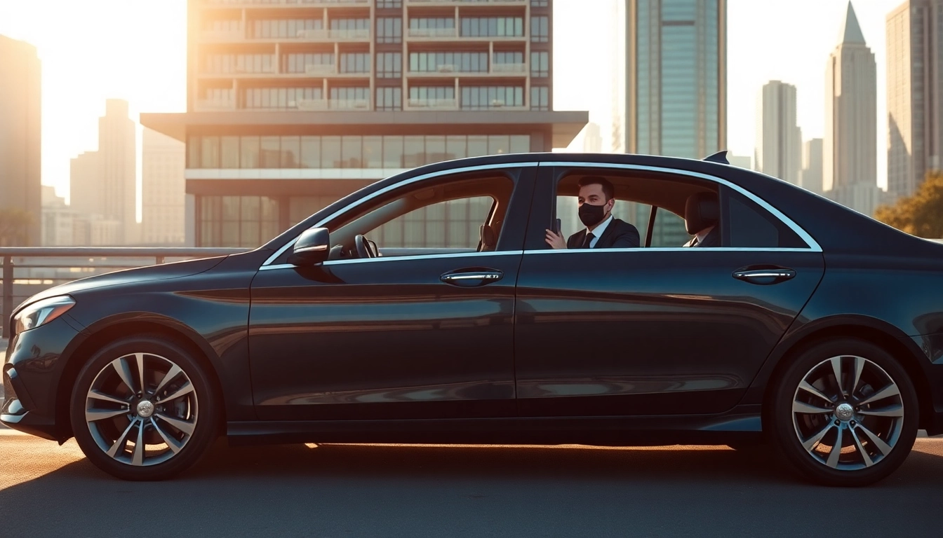 Offering Chauffeur Hire services with a luxury sedan in a professional city setting.