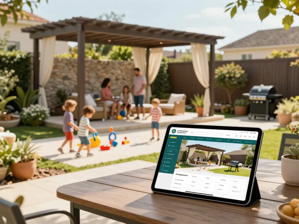 Configuratore pergola online showcased in a lively backyard with a family enjoying a sunny day outdoors.