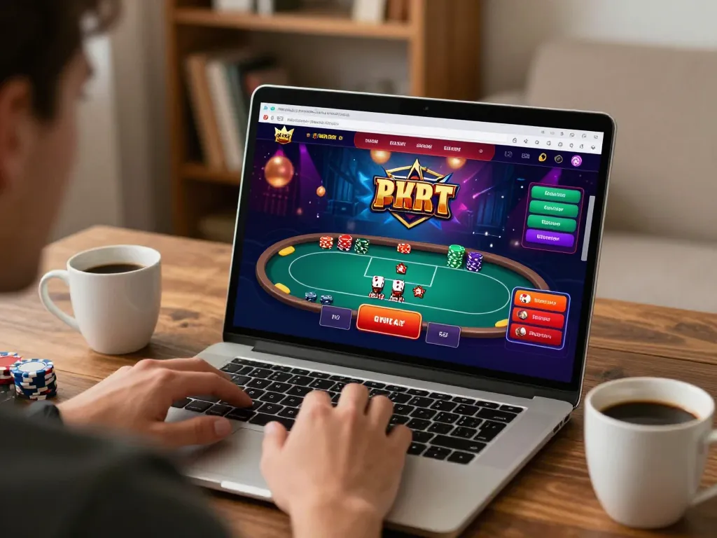 Engaged player navigating loto188 online casino interface with poker game on a laptop.
