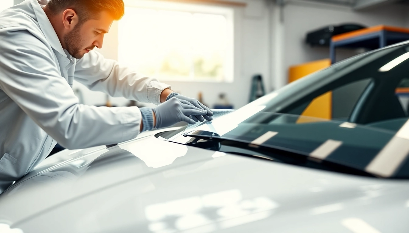 Clear Bra installer expertly applying film to a luxury car, showcasing precision and professionalism.