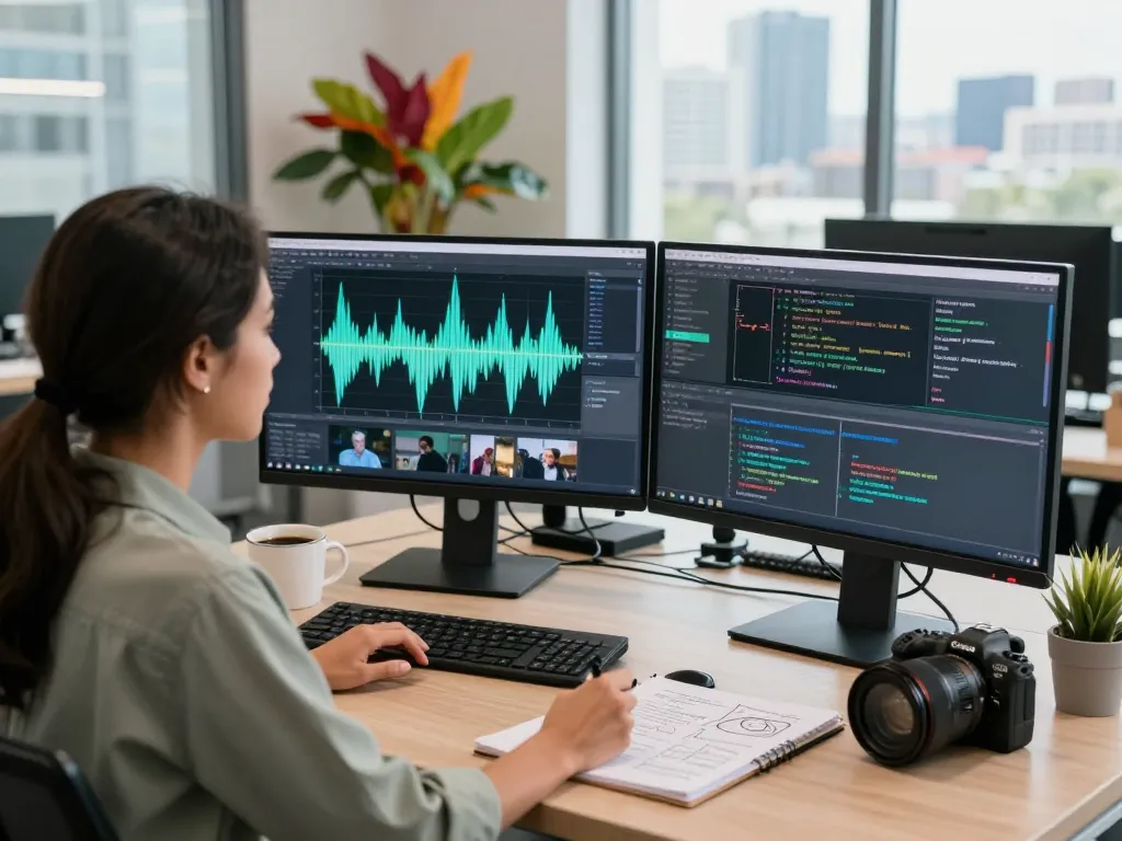 Video to prompt ai analysis scene in a tech workspace showcasing video clips and generated text prompts, fostering creativity.