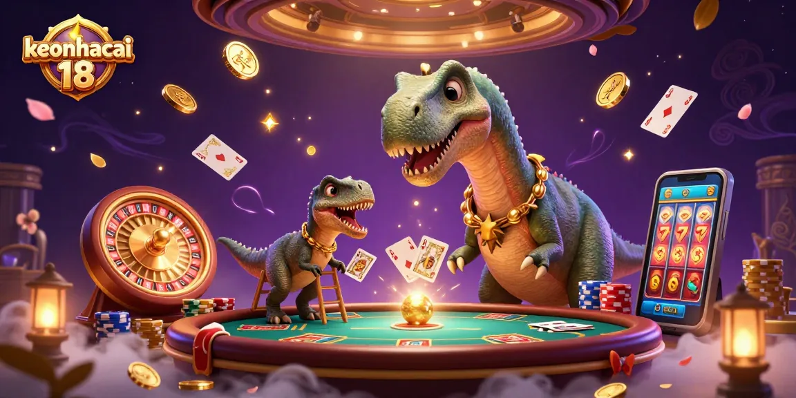 Place bets at keonhacai 18 with an enchanting casino scene featuring a dinosaur and vibrant gaming elements.