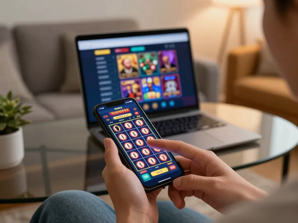 Engaging in hoki slot gameplay on a mobile app in a cozy home setting