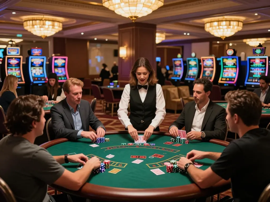 Players placing bets at AE888 blackjack tables amidst vibrant casino atmosphere.