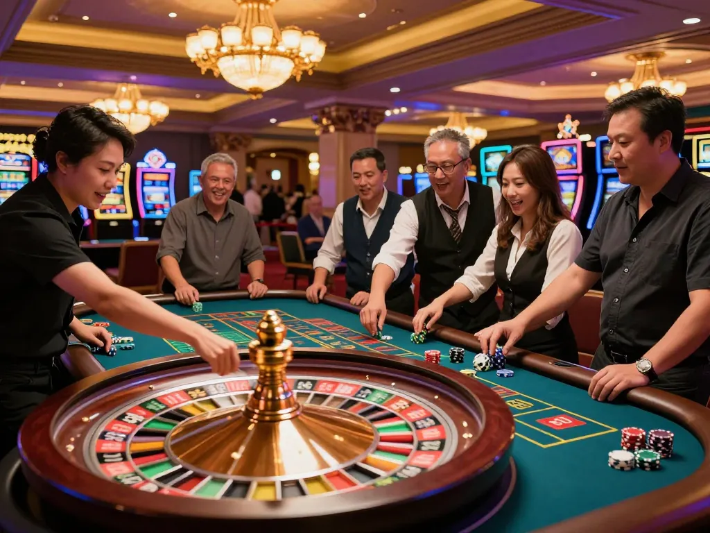 Experience the thrill of betting at 789win's roulette table with excited players and vibrant casino lights.