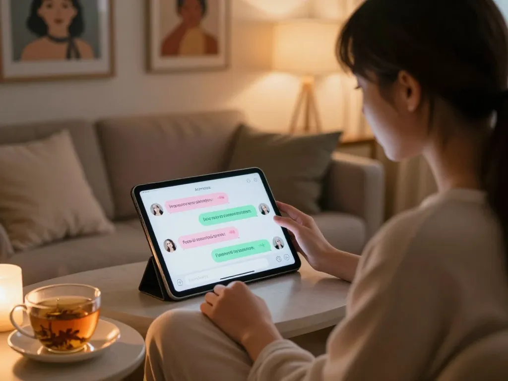 Engaging in AI sex chat on a tablet in a cozy atmosphere with playful conversation bubbles.