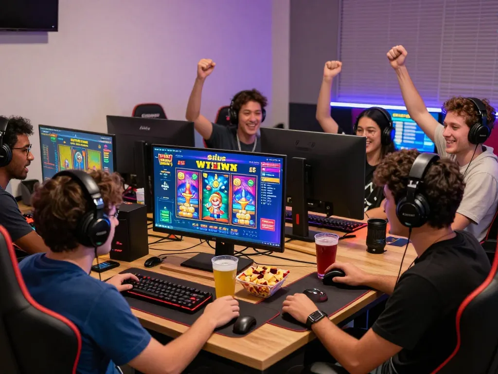 Gamer yang terlibat menikmati permainan situs slot di ruang permainan yang semarak.