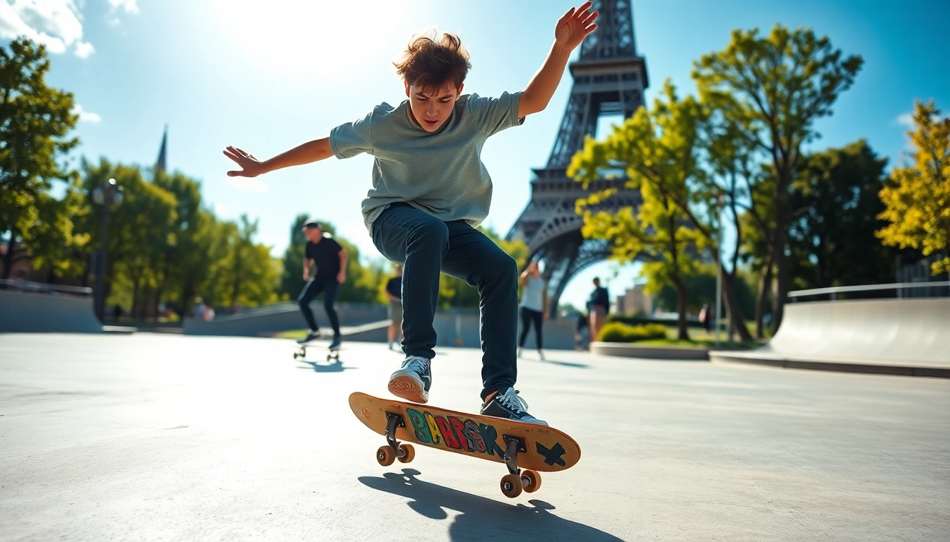 Les jeunes skateurs apprennent des astuces à Paris skate ecole pendant une leçon dynamique.