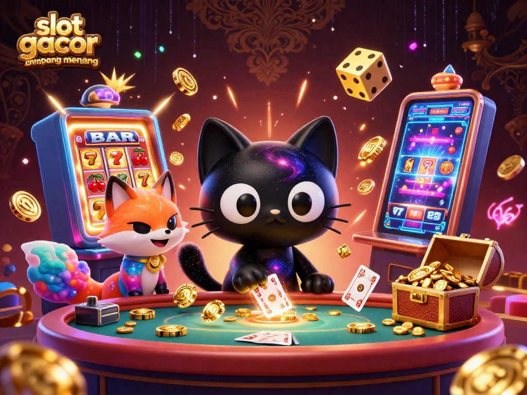 Engaging scene with a black hole cat and nebula fox at a cosmic casino, highlighting slot gacor gampang menang excitement.