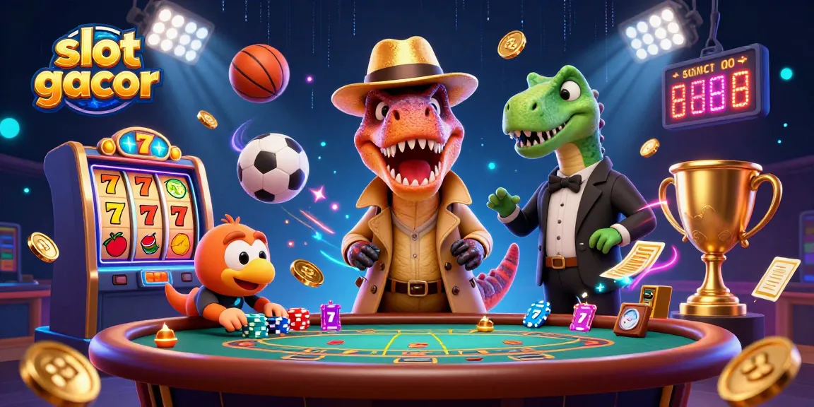 Melihat slot gacor terbaru dengan karakter kartun dinosaurus di meja judi sambil mencari peluang menang.