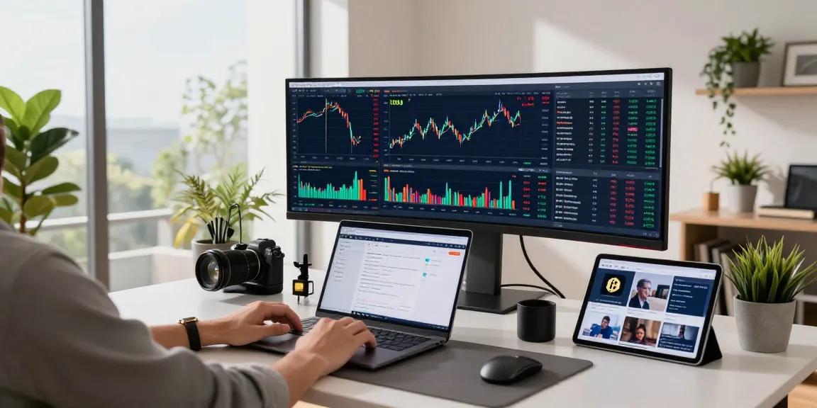 Cloud mining setup in a modern cryptocurrency trading workspace showing Bitcoin charts and DeFi insights on multiple screens.