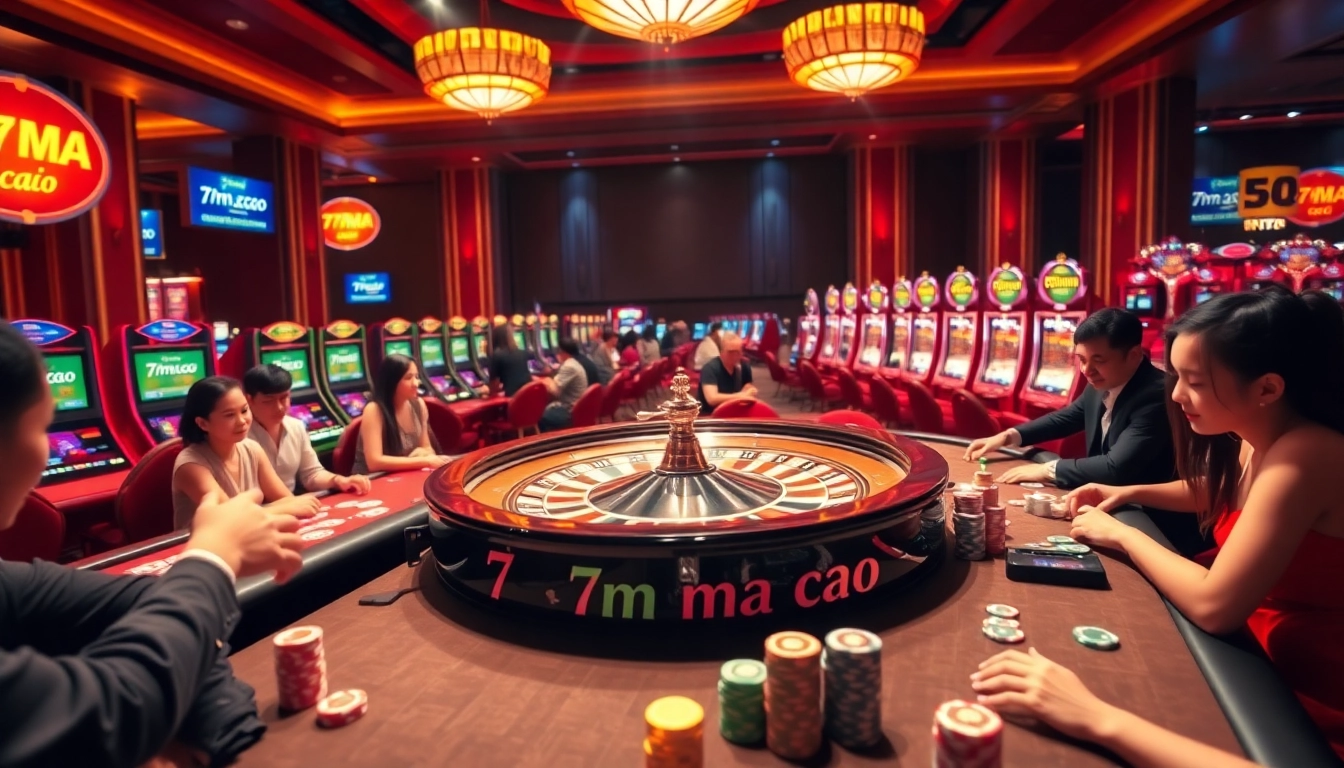 Experience the thrill of 7m ma cao in a luxurious casino setting with roulette and poker tables.