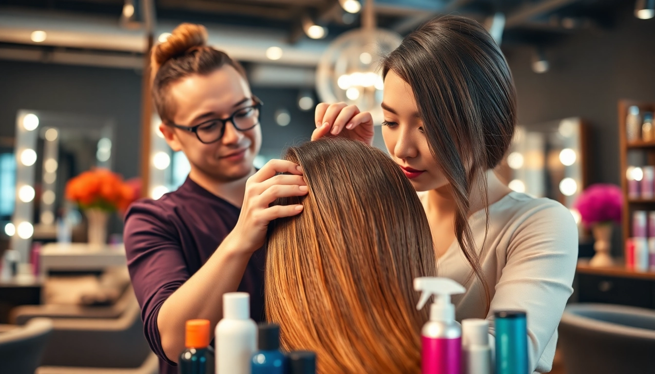 Hairstylist Craiova perfecting a trendy haircut in a chic salon environment.