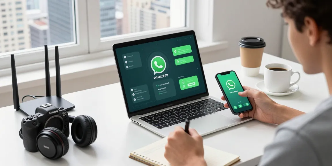 WhatsApp下載 illustrated on a modern workspace with tech gadgets, showing vibrant digital notifications and collaborative atmosphere.