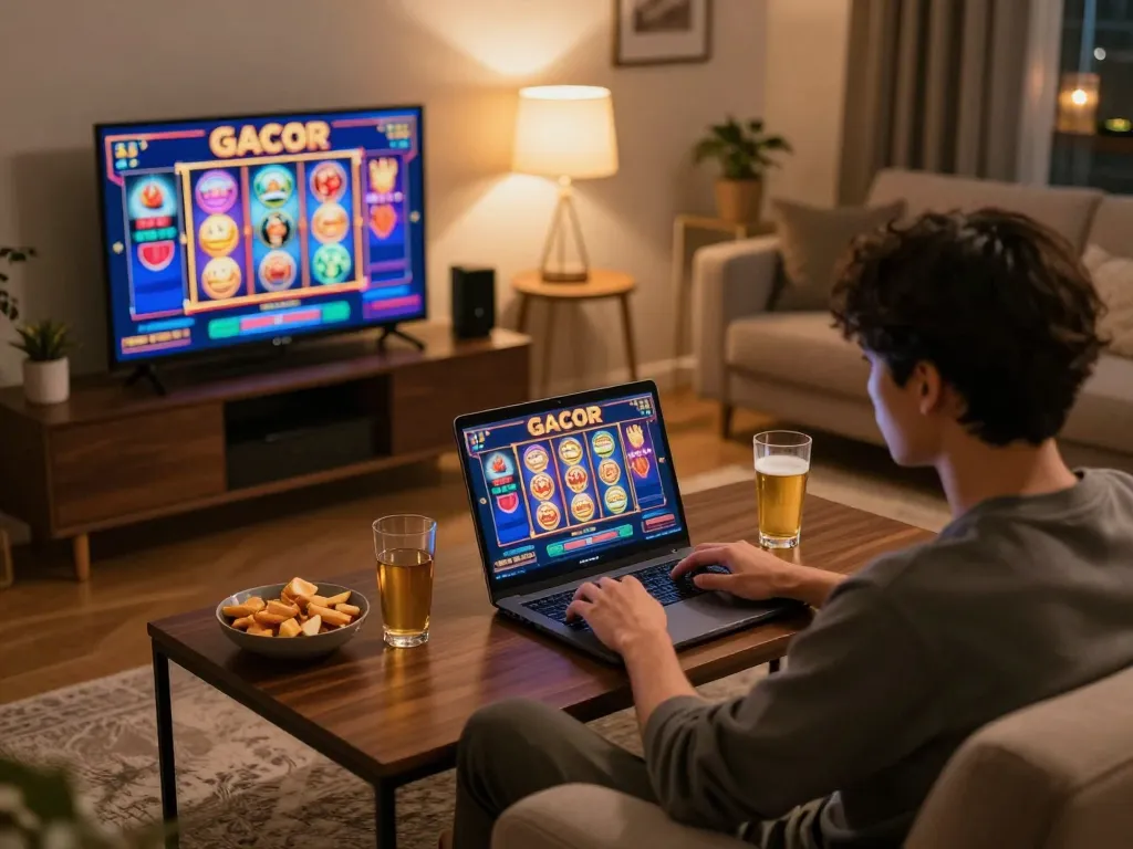 Engaging in slot gacor 2026 gameplay at home, demonstrating relaxed online gambling strategies.