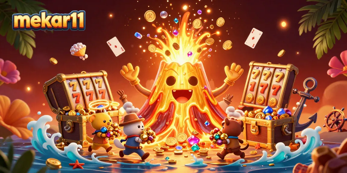 Mekar11 celebrates winning moments with a golden volcano erupting coins and treasures in this colorful casino scene.