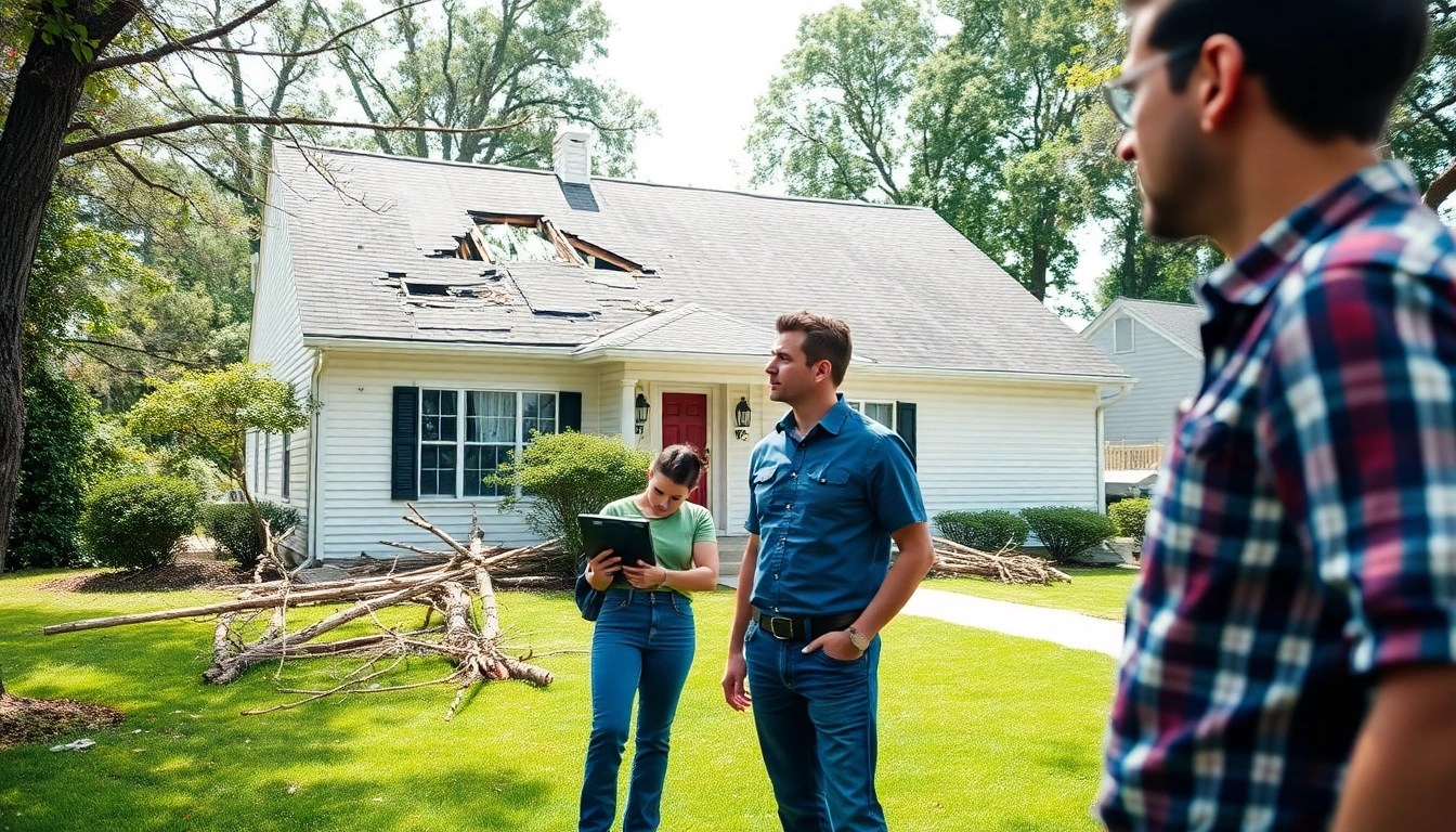 Assessing Property Insurance Claims with a professional inspecting storm damage to a home.