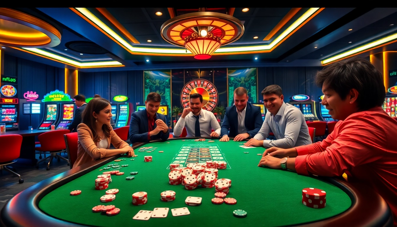 Players enjoying a thrilling game at the RR88 link casino, surrounded by vibrant slot machines and poker tables.