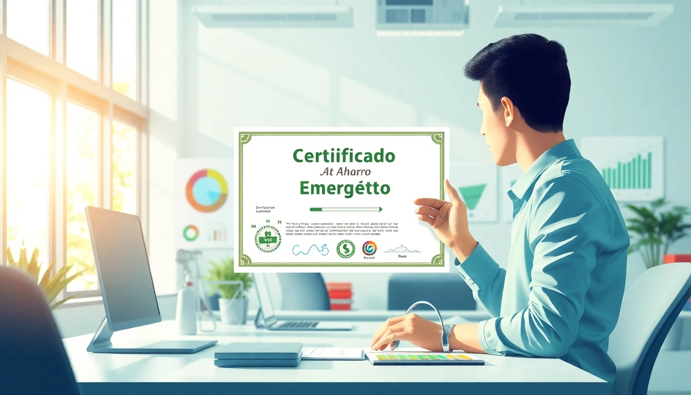 Certificado Ahorro Energético destacado en una oficina moderna, resaltando su importancia en la eficiencia energética.