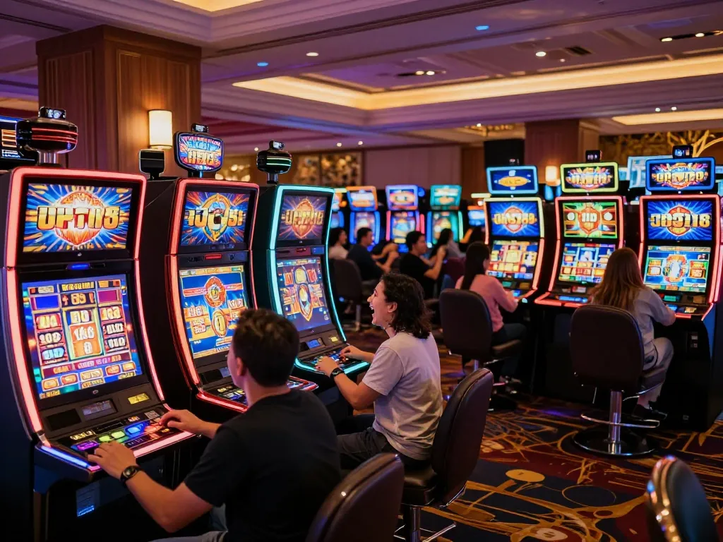 winstrike69 players enjoying exciting slot machine games in a vibrant casino arcade atmosphere