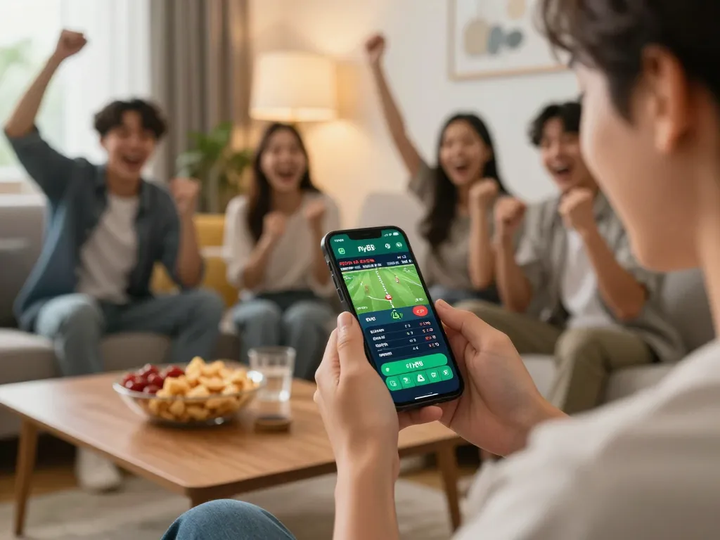 Engaged player placing bets on fly88 app during a sports game evening with friends.