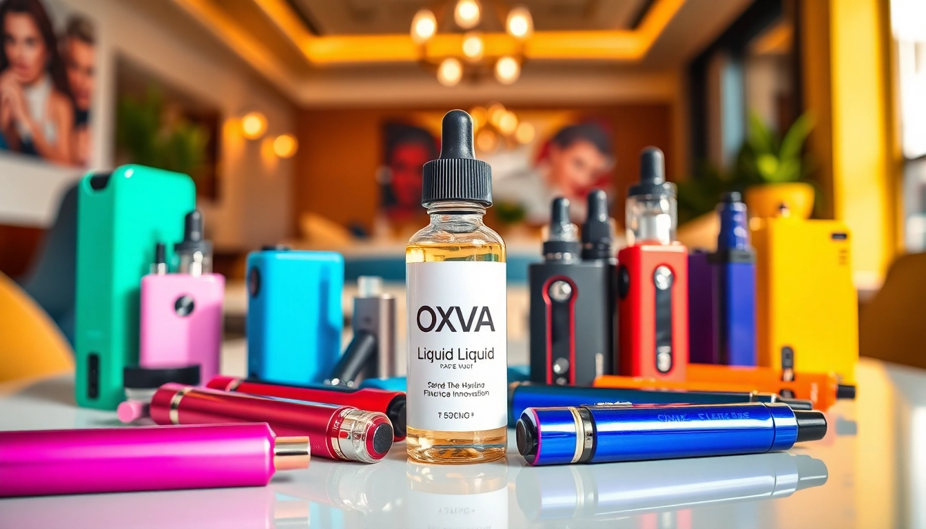 Oxva Liquid Flasche neben stilvollen Vape-Geräten auf modernem Tisch.