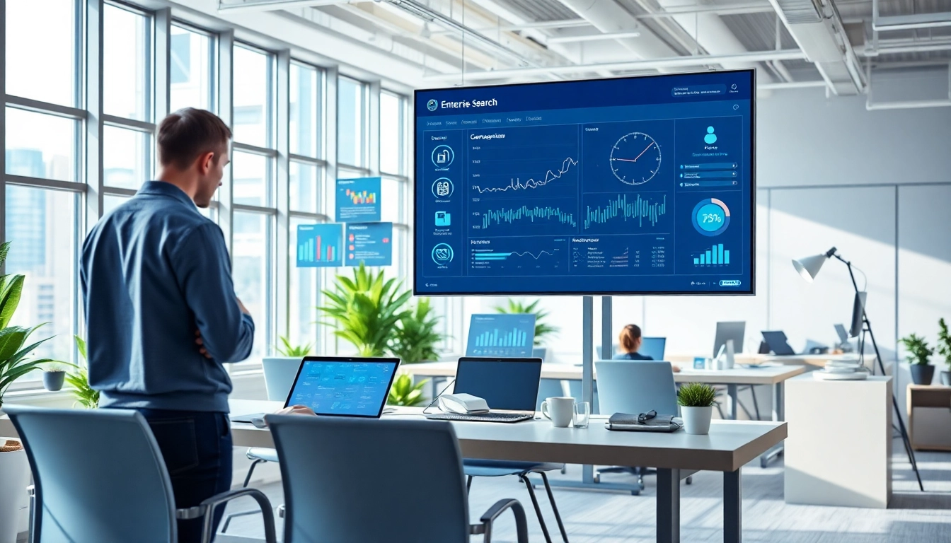 Showcasing enterprise search tools in a collaborative office environment with innovative technology.