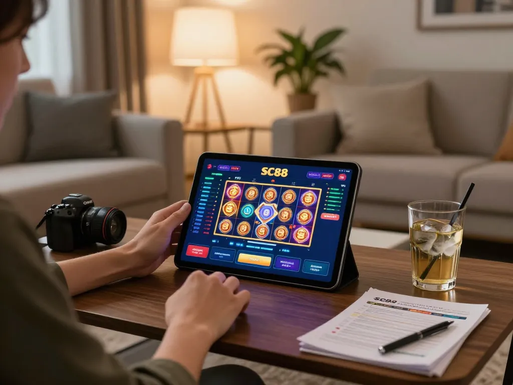 Player engaging with SC88 on tablet for exciting online gambling experience