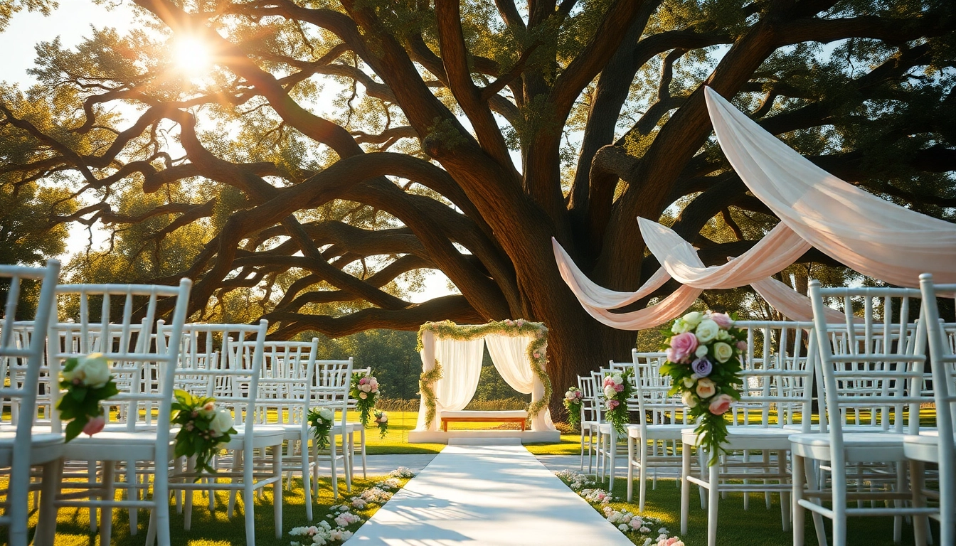 Stunning Weddings Venue decorated for an outdoor ceremony under a grand oak tree with floral arrangements.