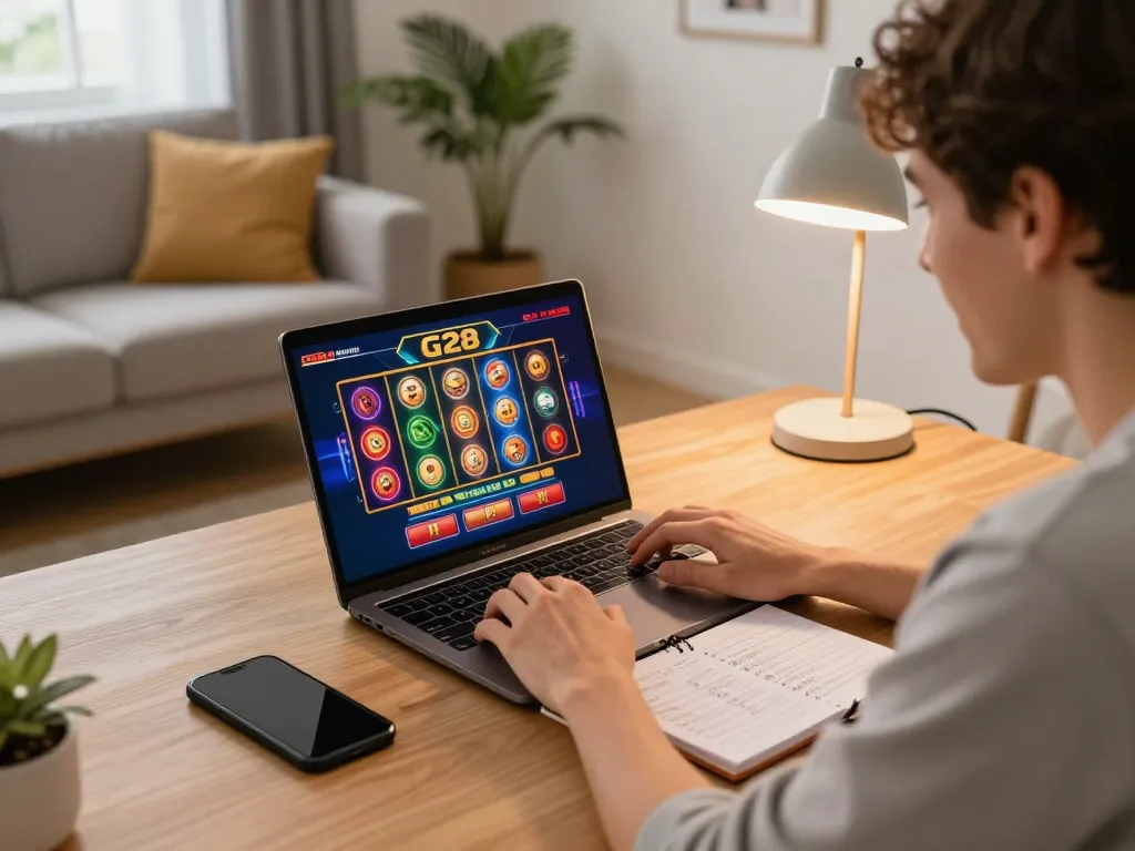 Player engaging with G28 online casino slots on a laptop in a cozy home environment.