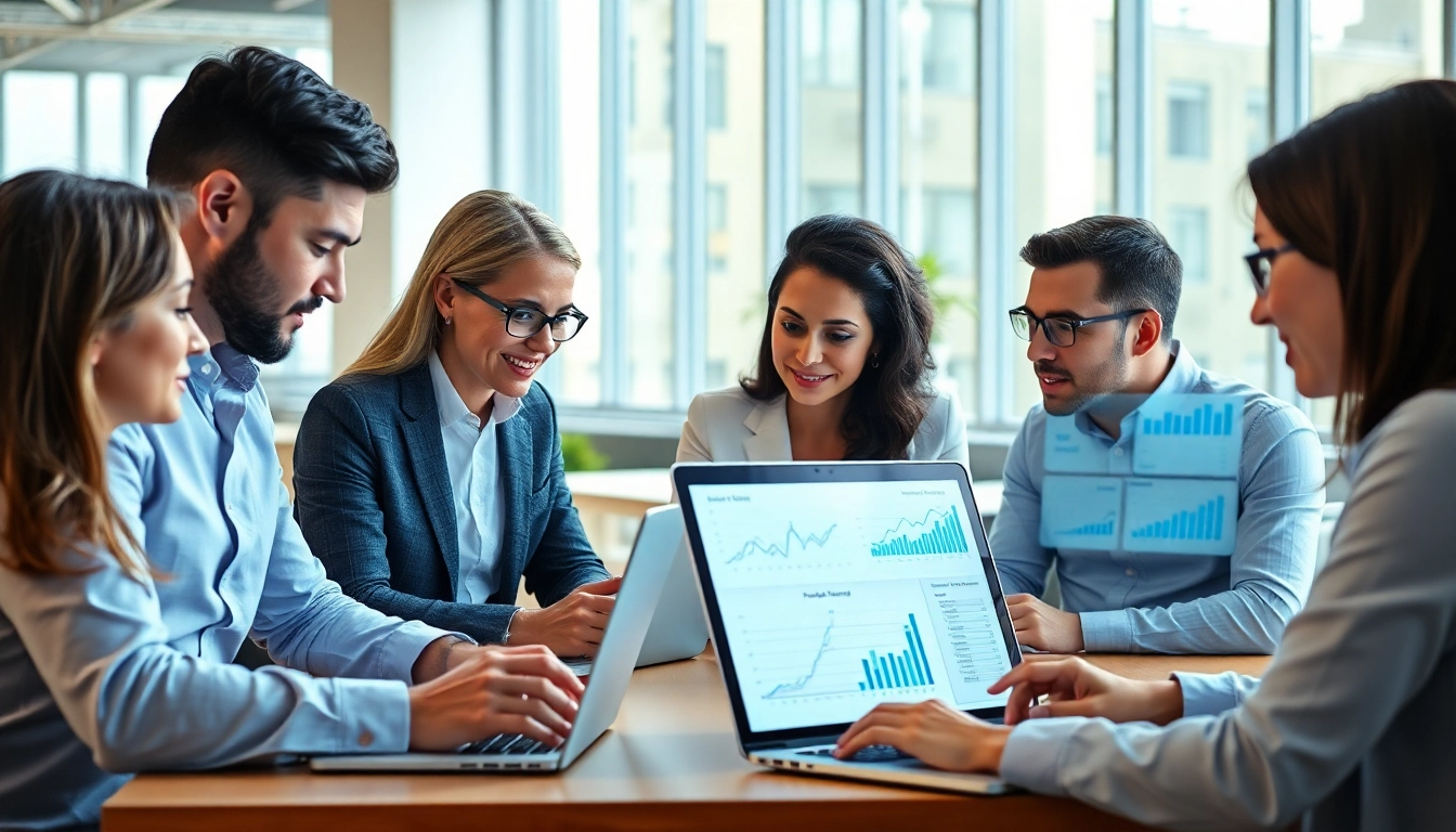 Analyze data using AI for competitive intelligence in a modern office with collaborative teams.
