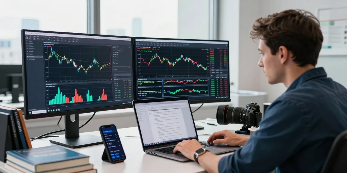 Trader using MetaTrader 5 platform to analyze multiple market charts and data.