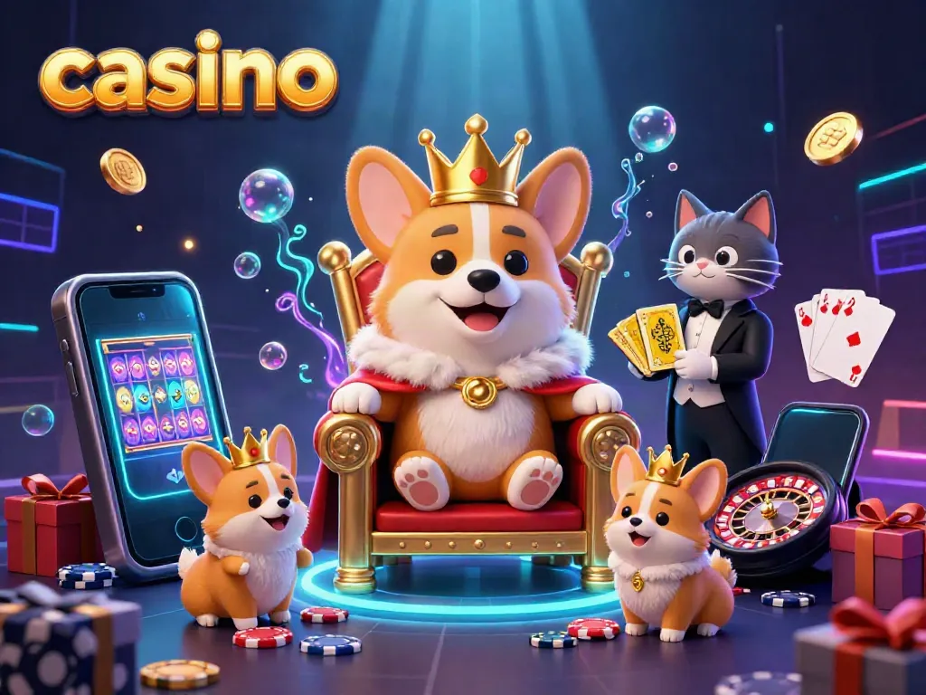 Experience a lively casino scene with cartoon corgis and gaming elements showcasing vibrant slot action.